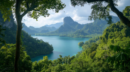 The lush landscapes of Sai Yok National Park, showcasing the beauty of nature in Kanchanaburi.の素材