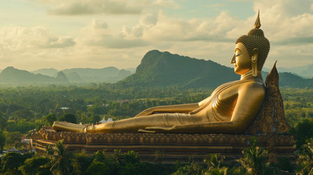 The impressive reclining Buddha at Wat Phra Chedi Sam Ong, set against a lush backdrop.の素材