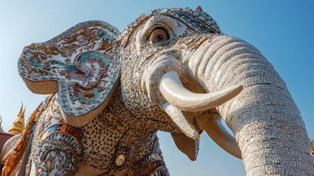 The intricate mosaics and sculptures of the giant elephant at Wat Ban Rai under a clear sky.の素材