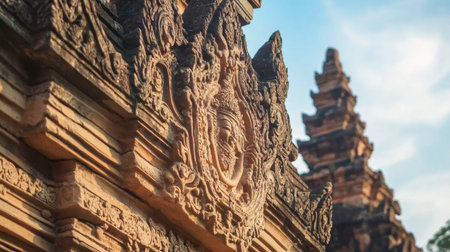 The impressive details of stone carvings at the entrance of Phanom Rung Historical Park.の素材