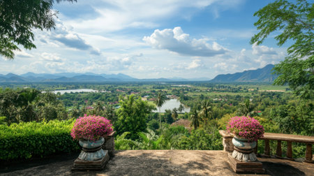 The majestic views from the Kanchanaburi Viewpoint, overlooking the vast countryside.の素材