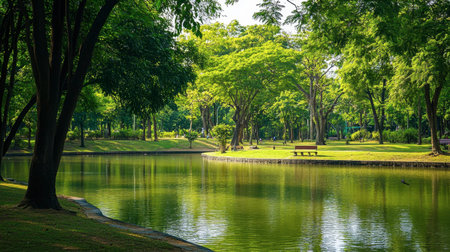 The peaceful atmosphere of Mueang Nakhon Ratchasima Public Park, with lush green landscapes.の素材