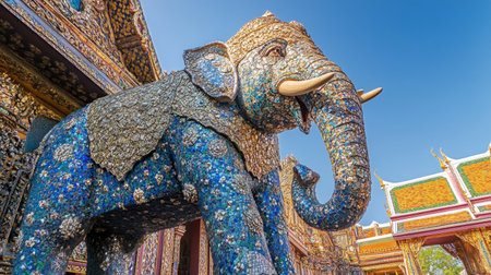 The intricate mosaics and sculptures of the giant elephant at Wat Ban Rai under a clear sky.の素材