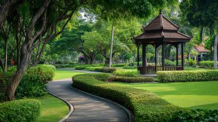The peaceful and green surroundings of Thao Suranaree Memorial Park in the heart of Korat.の素材