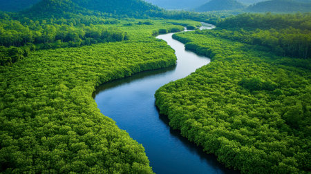 The lush greenery of the Sai Yok National Park, with a winding river cutting through it.の素材
