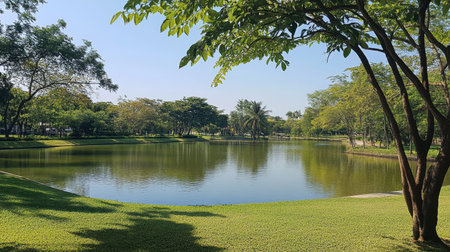 The peaceful and green surroundings of Thao Suranaree Memorial Park in the heart of Korat.の素材