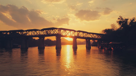 The picturesque view of the sunset behind the Mon Bridge, casting a golden glow.の素材