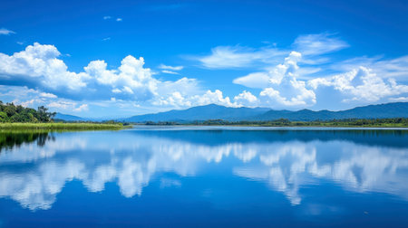 The peaceful Lam Takhong Reservoir with the reflection of the blue sky on the water.の素材