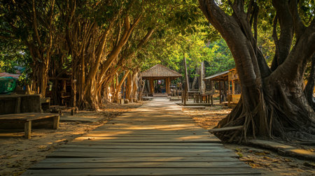 The serene beauty of Sai Ngam Banyan Tree, a sacred site covered with interwoven banyan trees.の素材