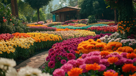 The stunning flower beds at Flora Park Wang Nam Khiao, with colorful blooms as far as the eye can see.の素材