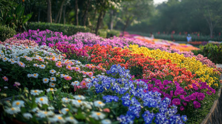 The stunning flower beds at Flora Park Wang Nam Khiao, with colorful blooms as far as the eye can see.の素材