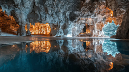 The quiet and reflective ambiance inside Wat Phayap Cave, with its beautiful stalactites.の素材
