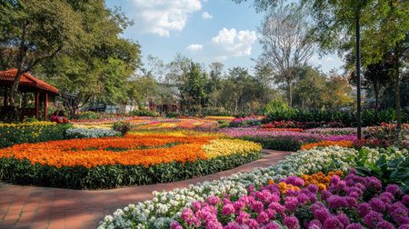The stunning flower beds at Flora Park Wang Nam Khiao, with colorful blooms as far as the eye can see.の素材
