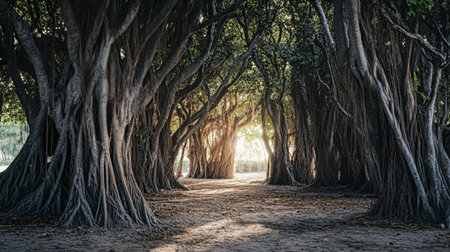 The serene beauty of Sai Ngam Banyan Tree, a sacred site covered with interwoven banyan trees.の素材