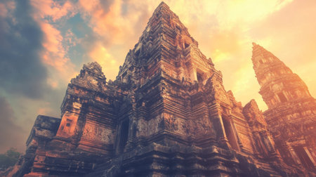 The towering Phanom Rung Temple, with its ancient stone carvings glowing under the sun.の素材