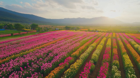 The vibrant flower fields at Flora Park Wang Nam Khiao in full bloom, with bright hues of pink and yellow.の素材