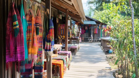 The vibrant cultural scene at the Mon Village, highlighting traditional attire and crafts.の素材
