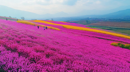 The vibrant flower fields at Flora Park Wang Nam Khiao in full bloom, with bright hues of pink and yellow.の素材