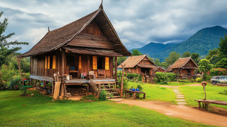 The unique wooden architecture of the Mon Village, showcasing traditional Thai craftsmanship.の素材