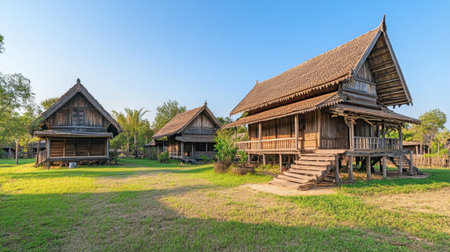 The unique wooden architecture of the Mon Village, showcasing traditional Thai craftsmanship.の素材