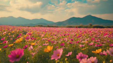 The vibrant flower fields at Flora Park Wang Nam Khiao in full bloom, with bright hues of pink and yellow.の素材
