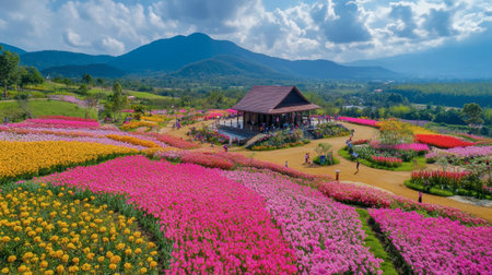 The vibrant flower fields at Flora Park Wang Nam Khiao in full bloom, with bright hues of pink and yellow.の素材