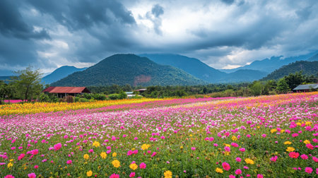 The vibrant flower fields at Flora Park Wang Nam Khiao in full bloom, with bright hues of pink and yellow.の素材