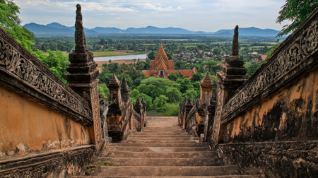 The view from the top of the stairs at Wat Tham Sua, overlooking the surrounding landscape.の素材