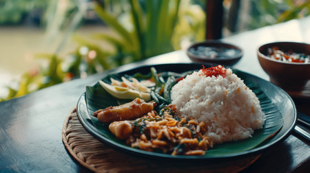 A close-up of a traditional Thai meal served in a local restaurant by the River Kwai.の素材