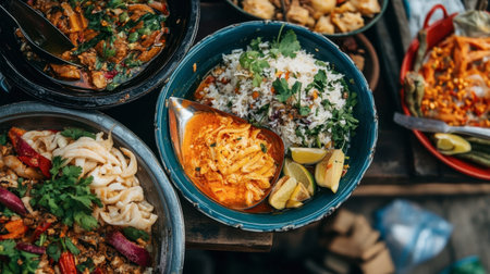 A close-up of colorful street food dishes from the Kanchanaburi Night Market.の素材