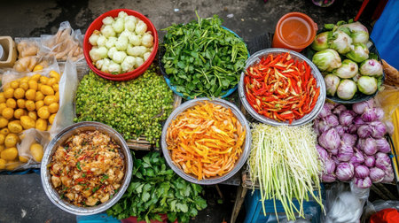 A close-up of colorful street food dishes from the Kanchanaburi Night Market.の素材