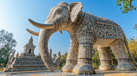 The intricate mosaics and sculptures of the giant elephant at Wat Ban Rai under a clear sky.の素材