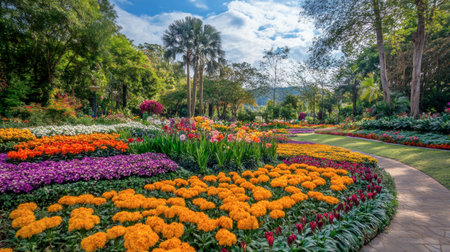The stunning flower beds at Flora Park Wang Nam Khiao, with colorful blooms as far as the eye can see.の素材