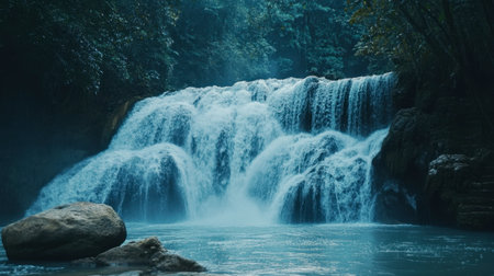 The stunning Erawan Waterfall during the rainy season, with cascading waters in full flow.の素材
