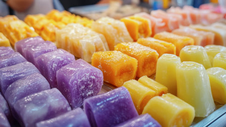 A close-up of traditional Thai desserts sold at the Kanchanaburi Night Market.の素材