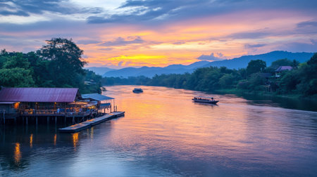 A peaceful sunset over the River Kwai, with colorful skies reflecting on the water.の素材