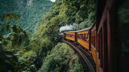 Tourists taking a scenic train ride on the historic Death Railway, surrounded by nature.の素材