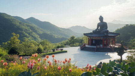 The tranquil setting of the Sikhio Buddha Footprint Temple, surrounded by rolling hills.の素材