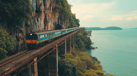 A scenic view of the railway bridge at Tham Krasae, with a train passing by the cliffside.の素材