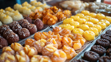 A close-up of traditional Thai desserts sold at the Kanchanaburi Night Market.の素材