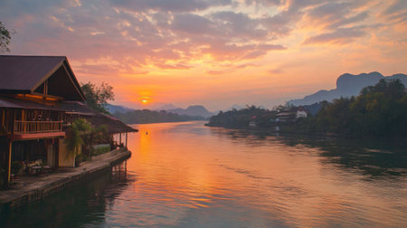 A peaceful sunset over the River Kwai, with colorful skies reflecting on the water.の素材