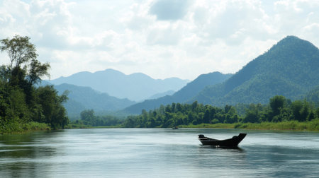 A peaceful boat ride on the Nam Phong River, with scenic views of the surrounding landscapes and wildlife.の素材