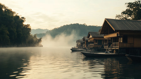 A peaceful view of floating homes on the River Kwai, with mist rising over the water in the early morning.の素材