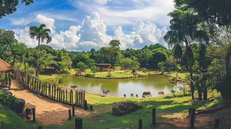 A panoramic view of Khao Kheow Open Zoo, with lush greenery and a variety of animals roaming freely.の素材