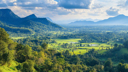 A panoramic view of the lush landscapes surrounding Phu Wiang National Park, with distant mountains and forests.の素材