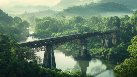 A serene view of the famous River Kwai Bridge, with a train crossing and lush greenery in the background.の素材