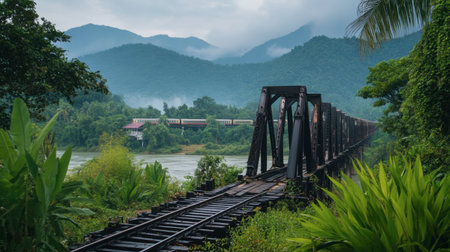 A serene view of the famous River Kwai Bridge, with a train crossing and lush greenery in the background.の素材