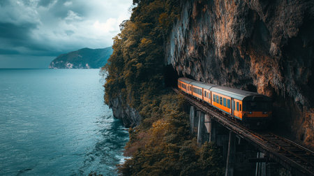 A scenic view of the railway bridge at Tham Krasae, with a train passing by the cliffside.の素材