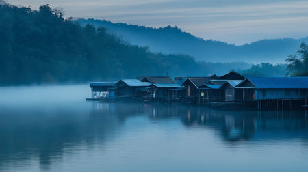 A peaceful view of floating homes on the River Kwai, with mist rising over the water in the early morning.の素材