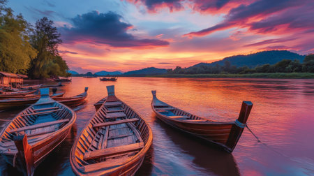 A vibrant sunset over the Kwai River, with longtail boats docked by the shore.の素材